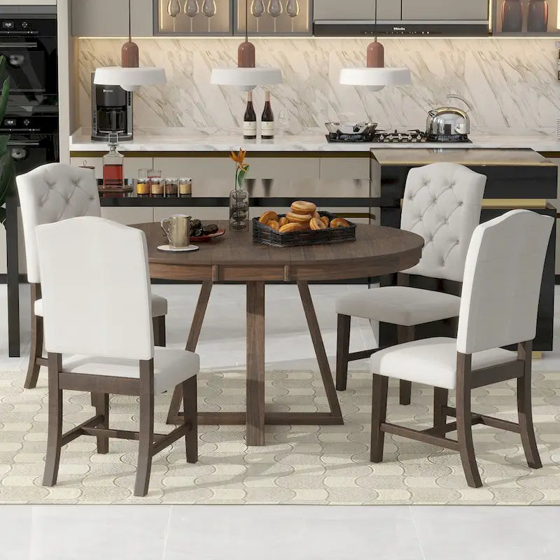 Natural / Walnut Round Extendable Dining Table Set, 5-Piece for 4