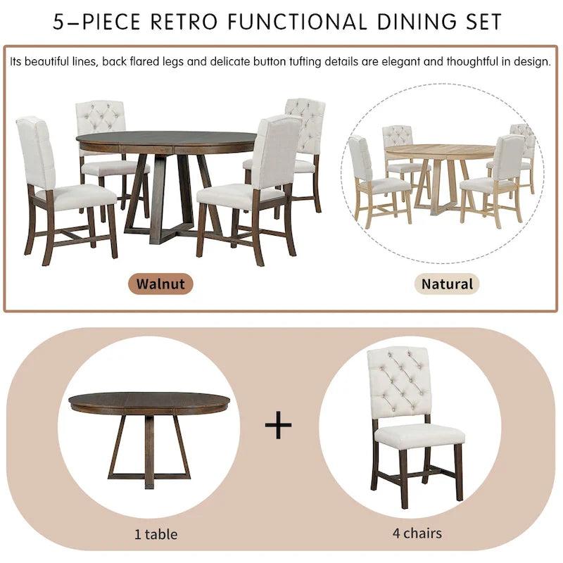 Natural / Walnut Round Extendable Dining Table Set, 5-Piece for 4