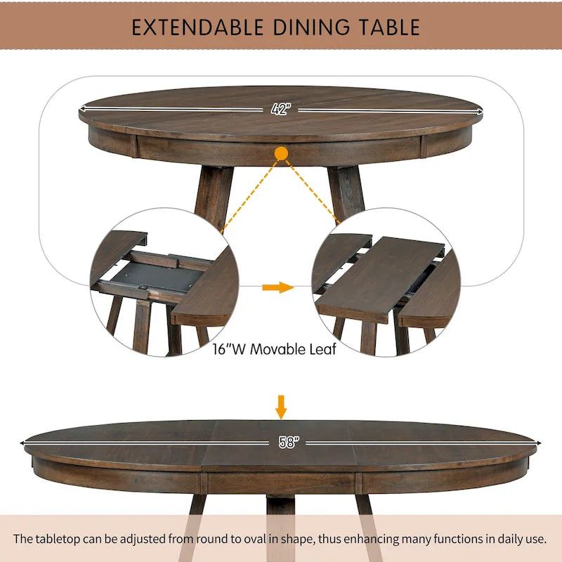 Natural / Walnut Round Extendable Dining Table Set, 5-Piece for 4
