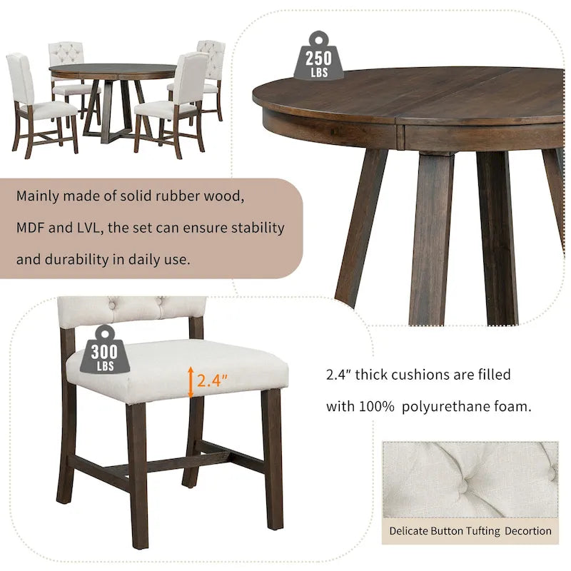 Natural / Walnut Round Extendable Dining Table Set, 5-Piece for 4