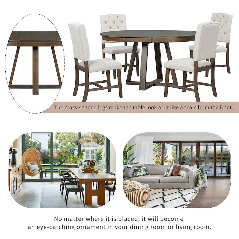 Natural / Walnut Round Extendable Dining Table Set, 5-Piece for 4