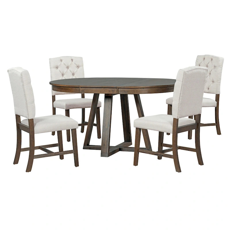 Natural / Walnut Round Extendable Dining Table Set, 5-Piece for 4