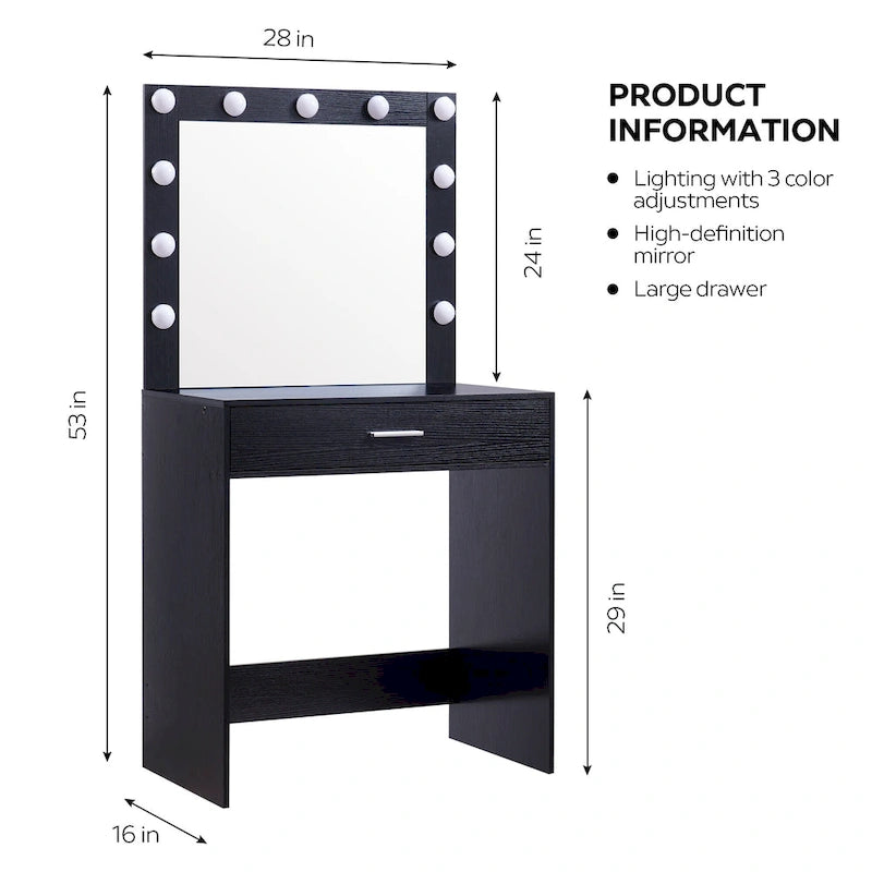 Pink / White / Black Vanity Makeup Table with LED Lighting – 1 Person