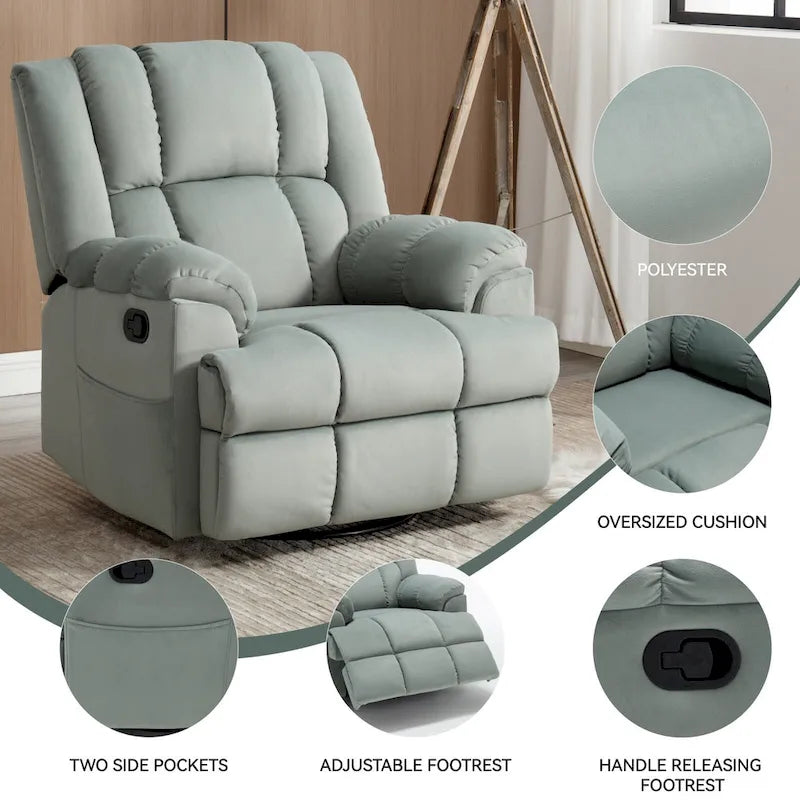 Blue / Green / Beige Oversized Swivel Rocking Recliner Chair, Single Seat, Fabric Upholstery
