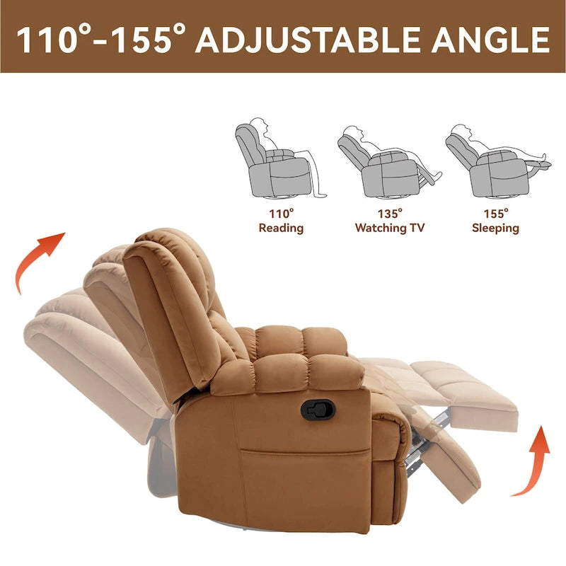 Blue / Green / Beige Oversized Swivel Rocking Recliner Chair, Single Seat, Fabric Upholstery