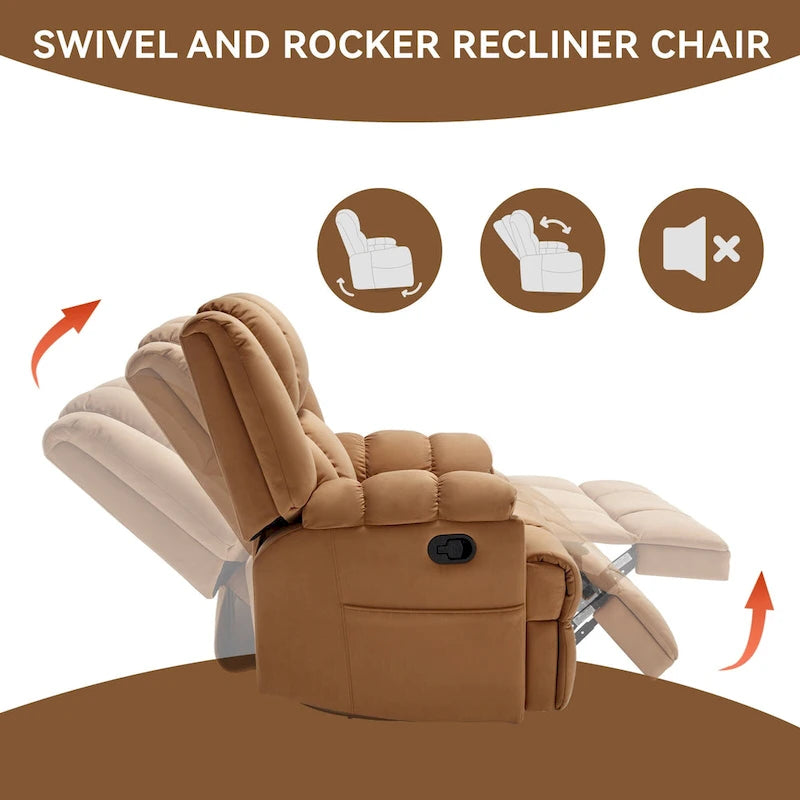Blue / Green / Beige Oversized Swivel Rocking Recliner Chair, Single Seat, Fabric Upholstery