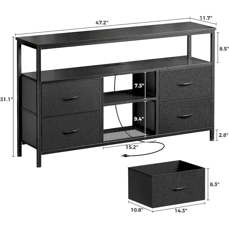 Black LED TV Stand with Power Outlets, 4 Fabric Drawers & Open Shelf, for 1 TV up to 65"