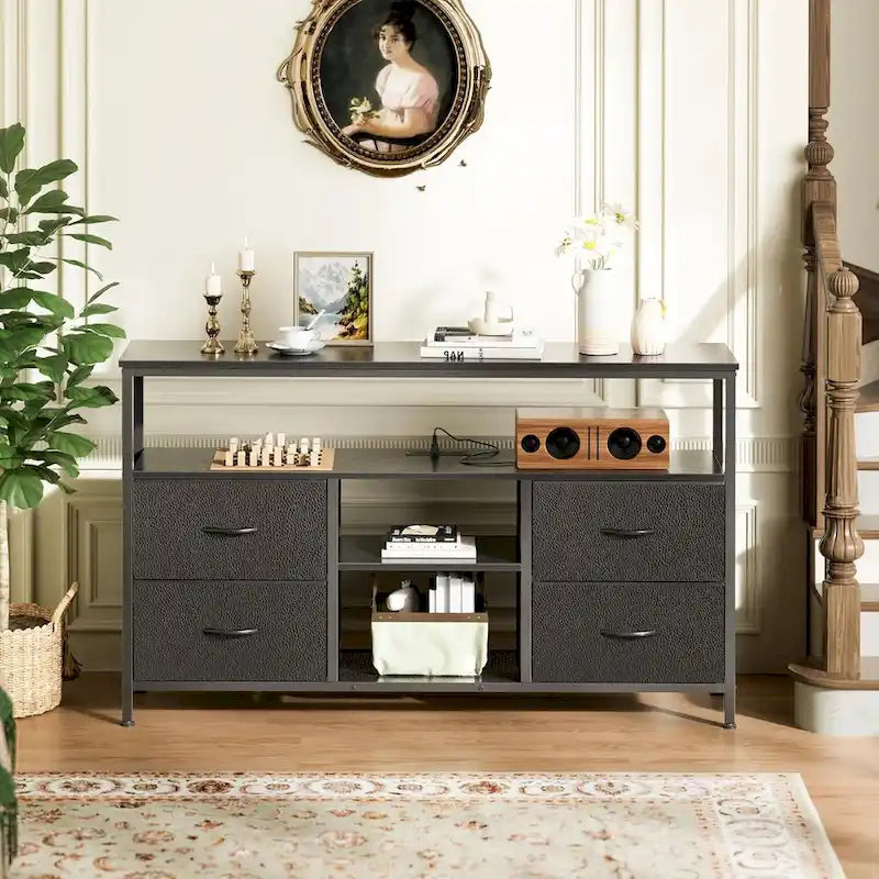 Black LED TV Stand with Power Outlets, 4 Fabric Drawers & Open Shelf, for 1 TV up to 65"