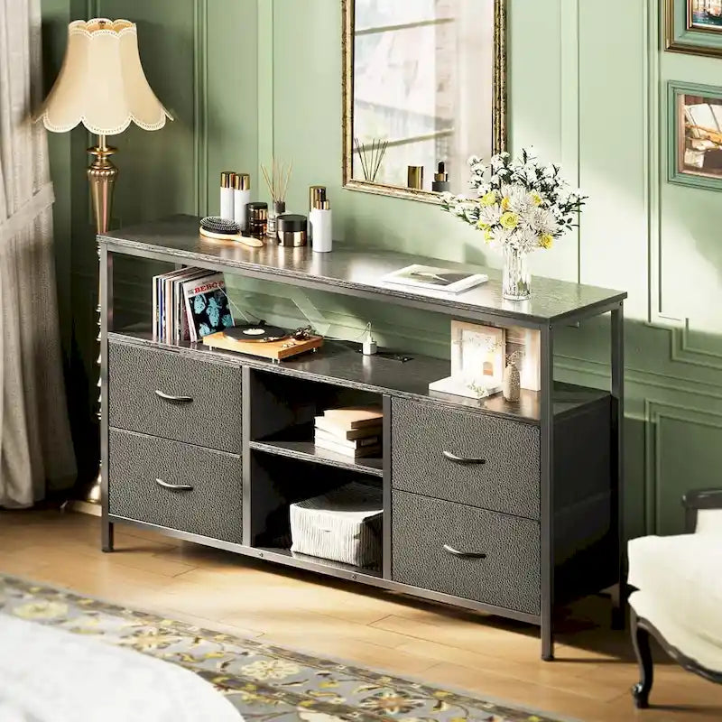 Black LED TV Stand with Power Outlets, 4 Fabric Drawers & Open Shelf, for 1 TV up to 65"
