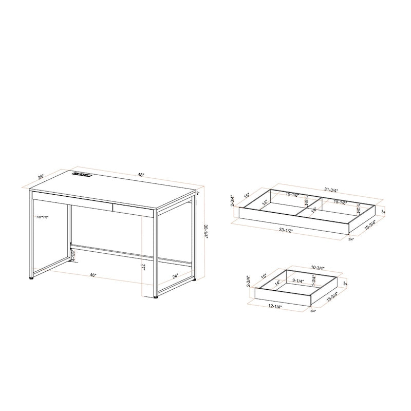Black / White Modern 48" Computer Desk with Drawers & Charging Ports – 1 Person