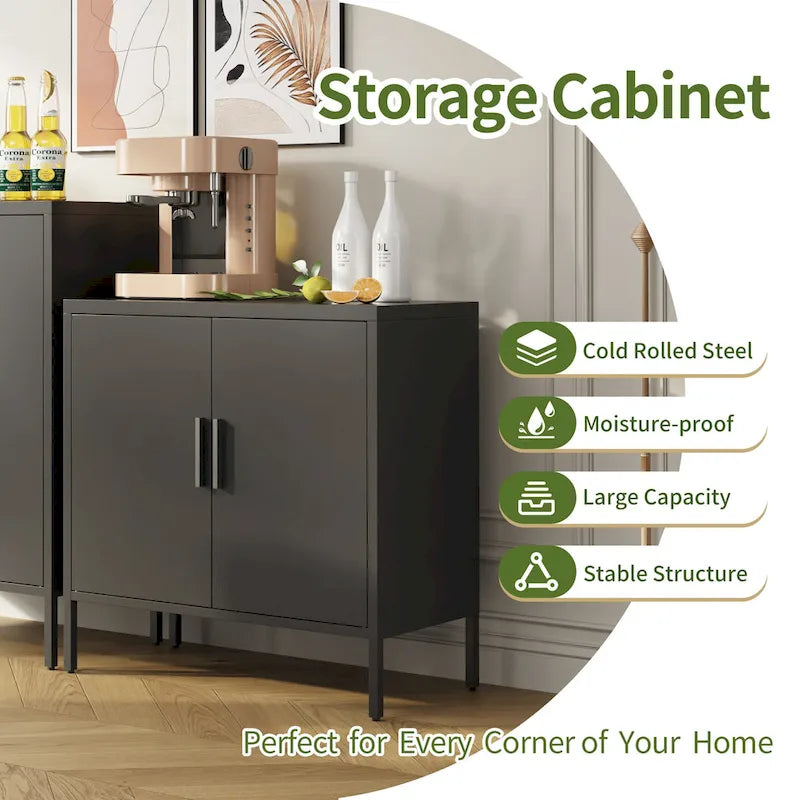 Black Steel Lockable Storage Cabinet – Legal Size, 2-Shelf