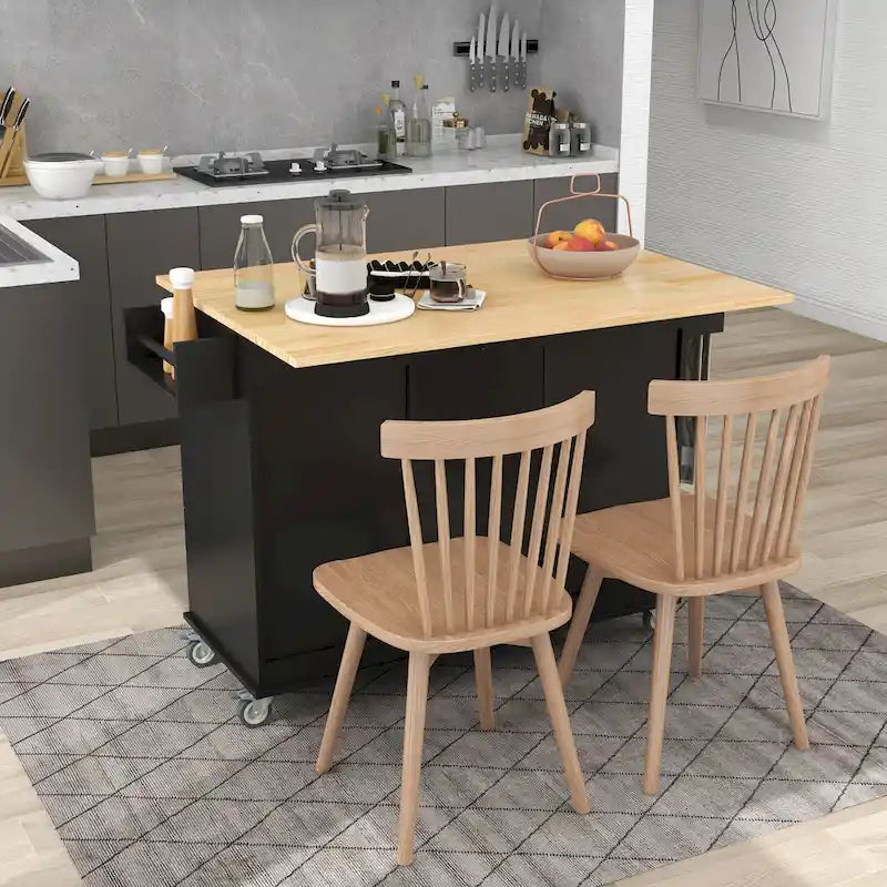 Black Rolling Kitchen Island with Wood Top, Storage & Drop Leaf Bar – For 2