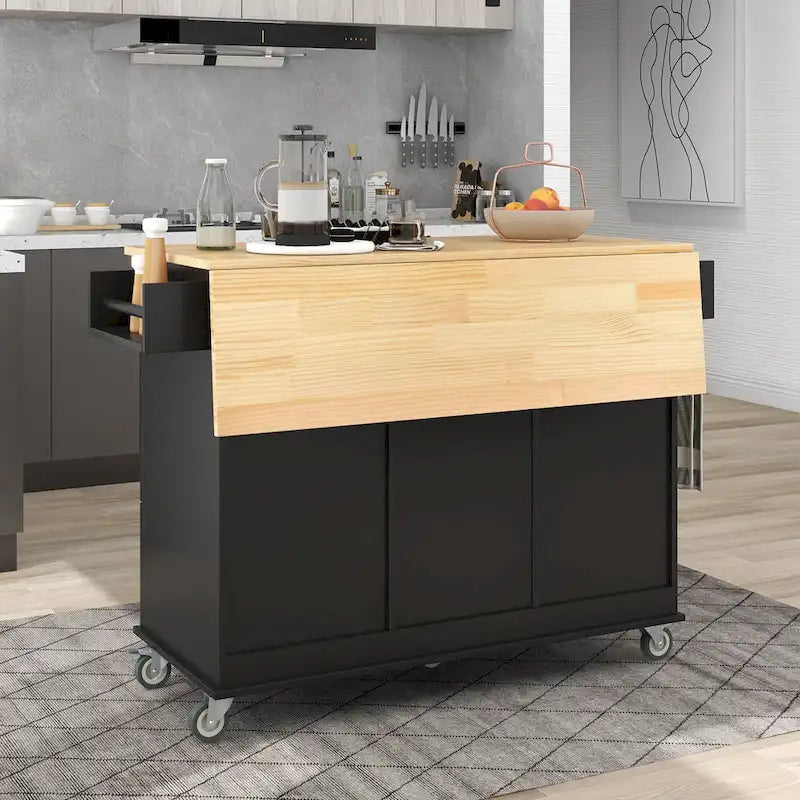 Black Rolling Kitchen Island with Wood Top, Storage & Drop Leaf Bar – For 2