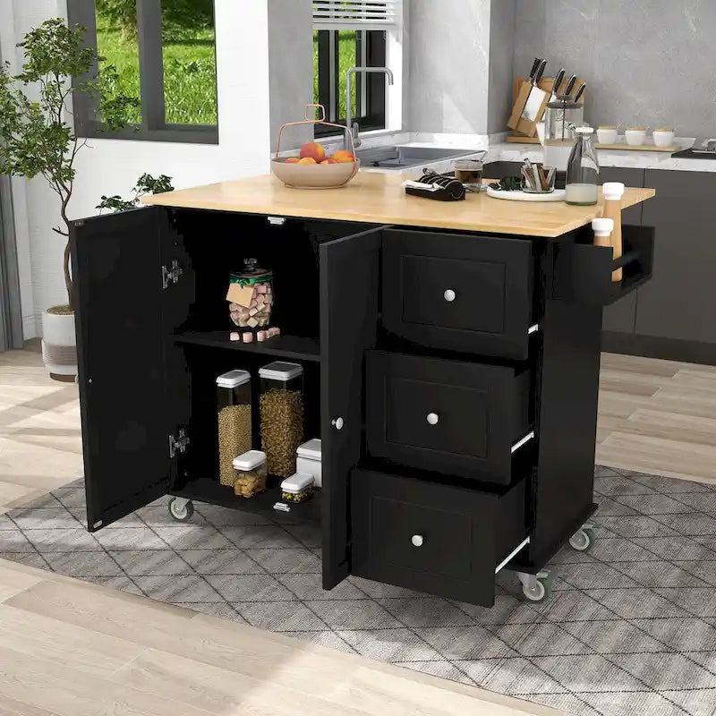 Black Rolling Kitchen Island with Wood Top, Storage & Drop Leaf Bar – For 2