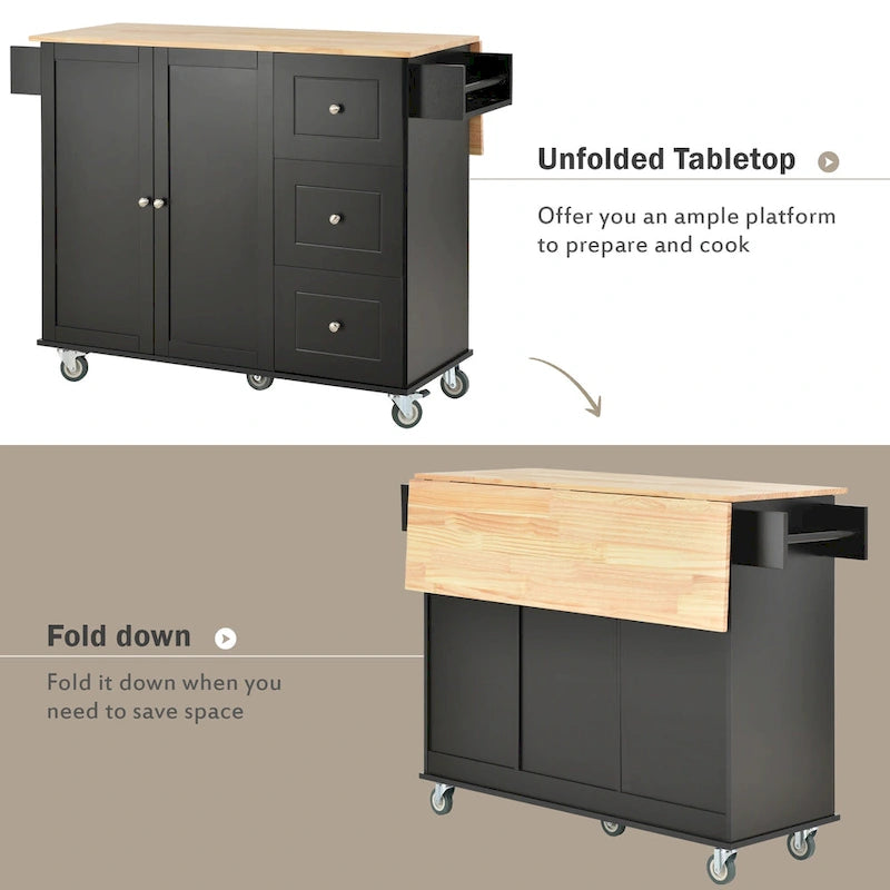 Black Rolling Kitchen Island with Wood Top, Storage & Drop Leaf Bar – For 2