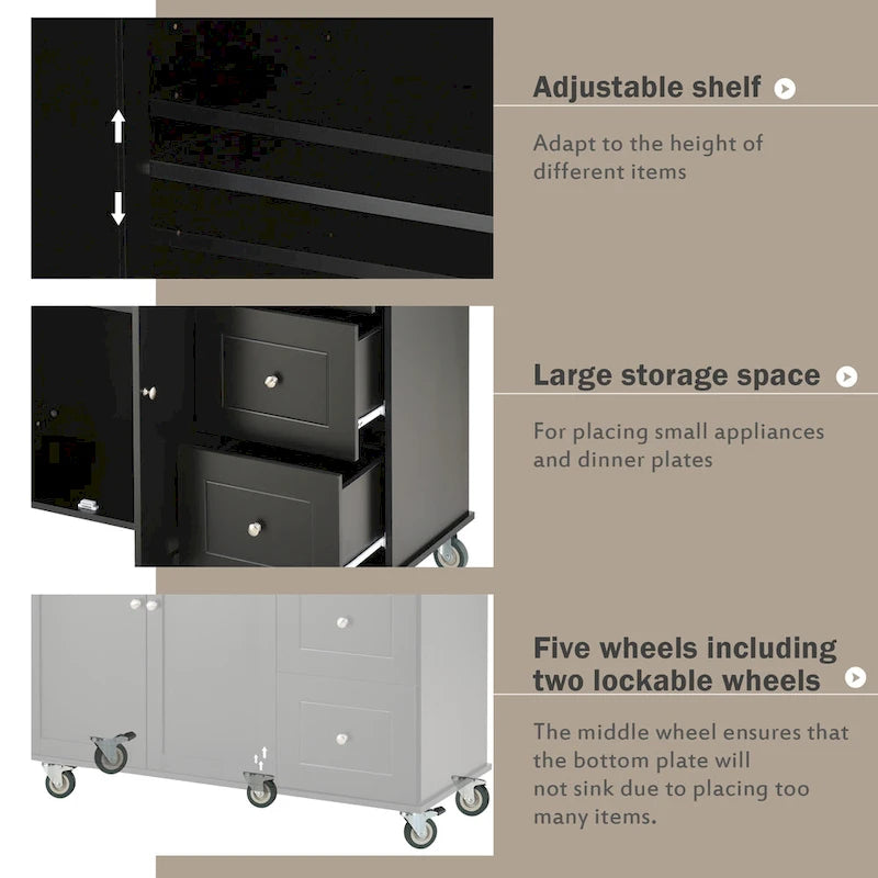 Black Rolling Kitchen Island with Wood Top, Storage & Drop Leaf Bar – For 2