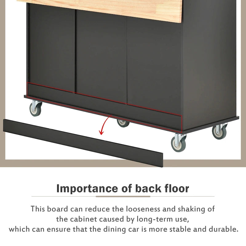 Black Rolling Kitchen Island with Wood Top, Storage & Drop Leaf Bar – For 2