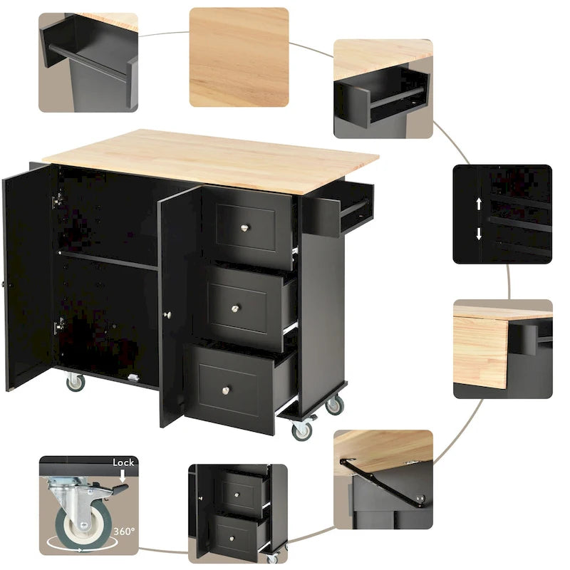 Black Rolling Kitchen Island with Wood Top, Storage & Drop Leaf Bar – For 2