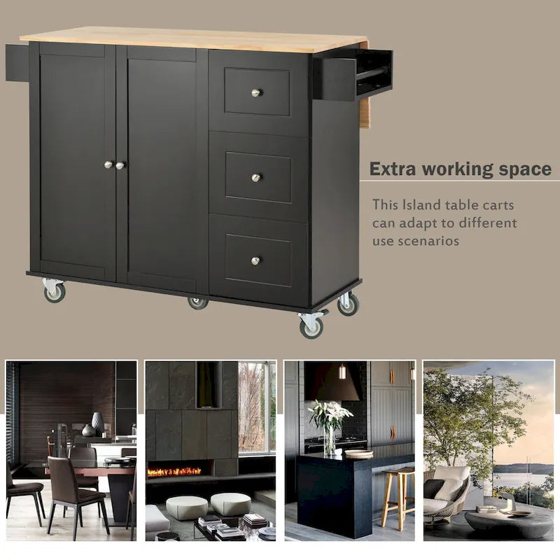 Black Rolling Kitchen Island with Wood Top, Storage & Drop Leaf Bar – For 2