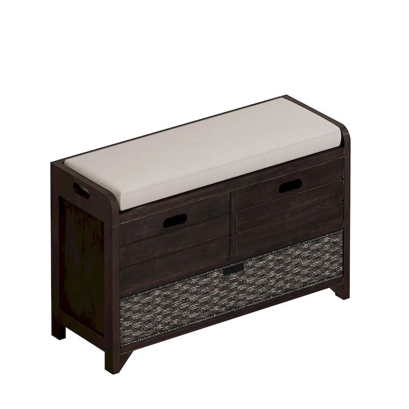 Espresso / Oak / White / Blue Cushioned Storage Bench with 2 Drawers & Basket – 1 Person