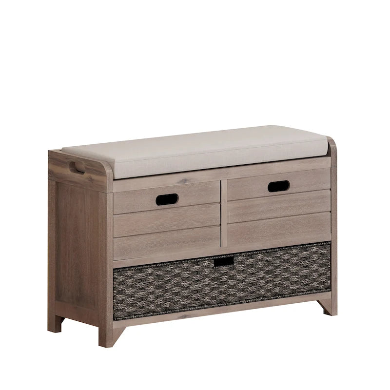 Espresso / Oak / White / Blue Cushioned Storage Bench with 2 Drawers & Basket – 1 Person