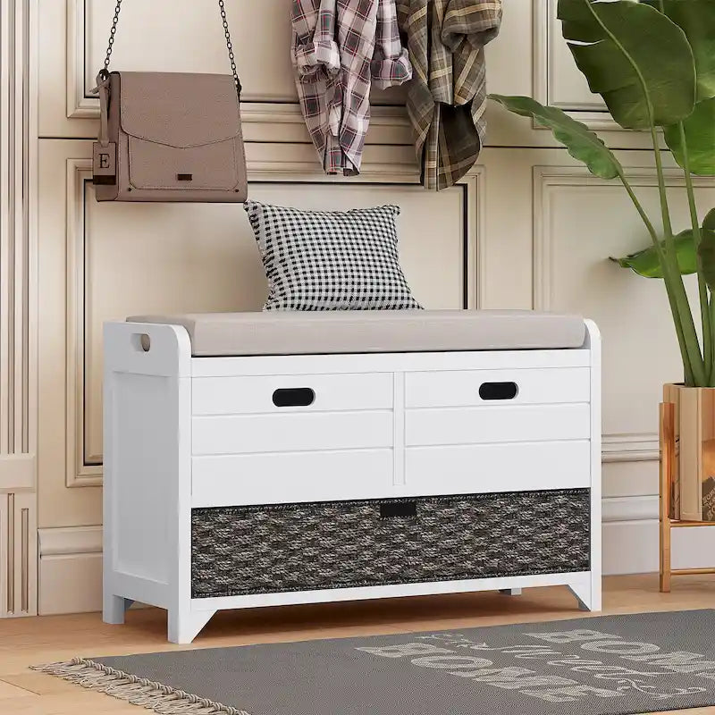 Espresso / Oak / White / Blue Cushioned Storage Bench with 2 Drawers & Basket – 1 Person
