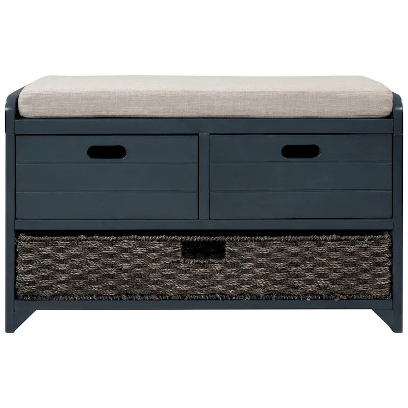 Espresso / Oak / White / Blue Cushioned Storage Bench with 2 Drawers & Basket – 1 Person