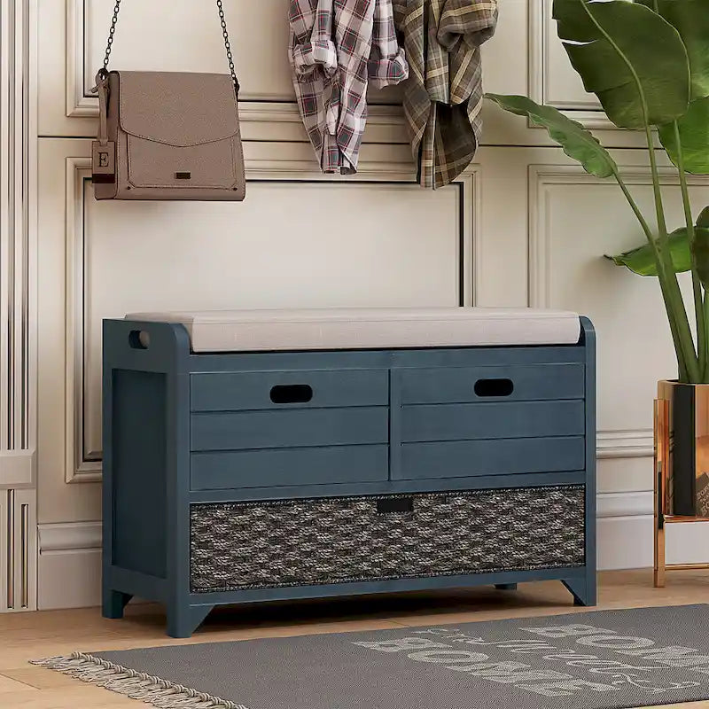 Espresso / Oak / White / Blue Cushioned Storage Bench with 2 Drawers & Basket – 1 Person