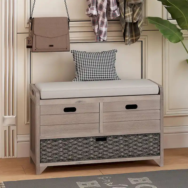 Espresso / Oak / White / Blue Cushioned Storage Bench with 2 Drawers & Basket – 1 Person