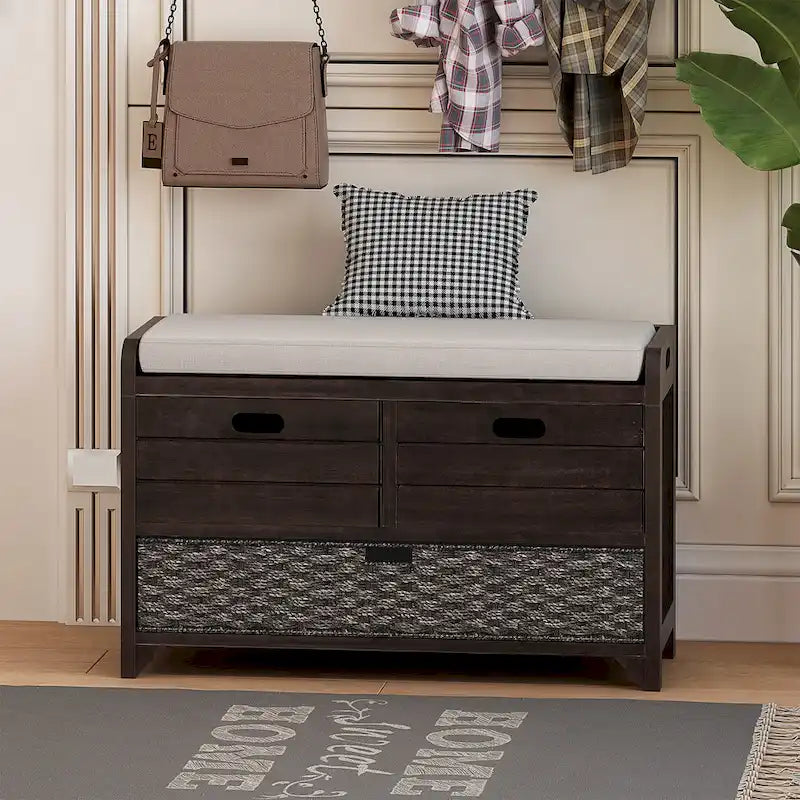 Espresso / Oak / White / Blue Cushioned Storage Bench with 2 Drawers & Basket – 1 Person