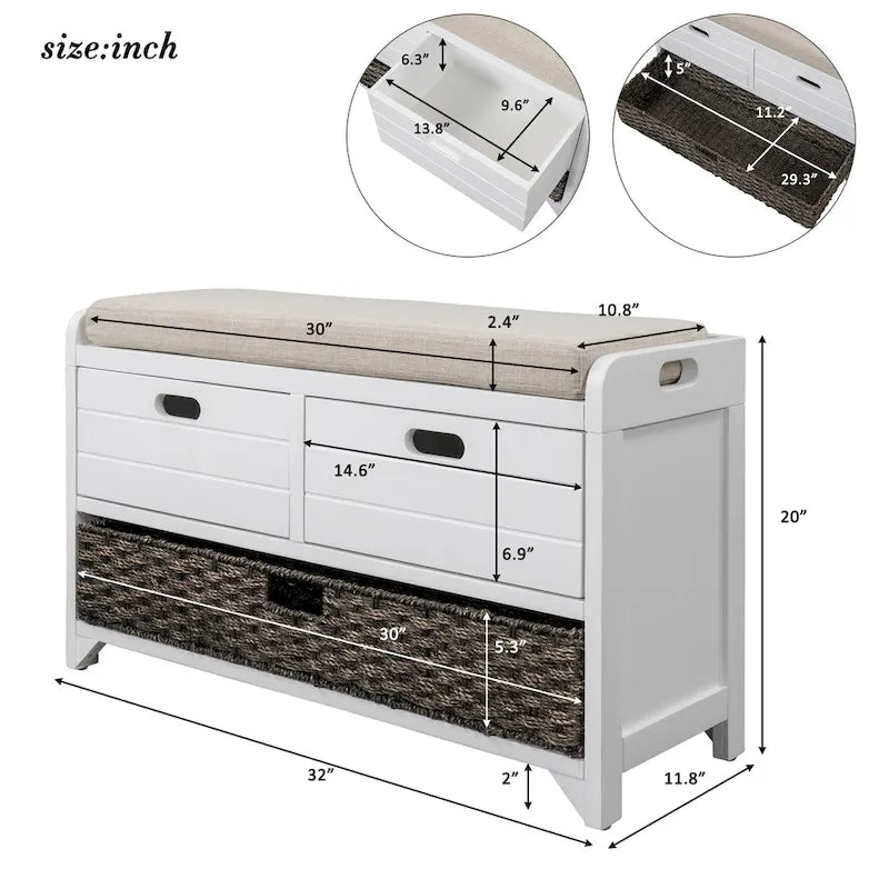 Espresso / Oak / White / Blue Cushioned Storage Bench with 2 Drawers & Basket – 1 Person