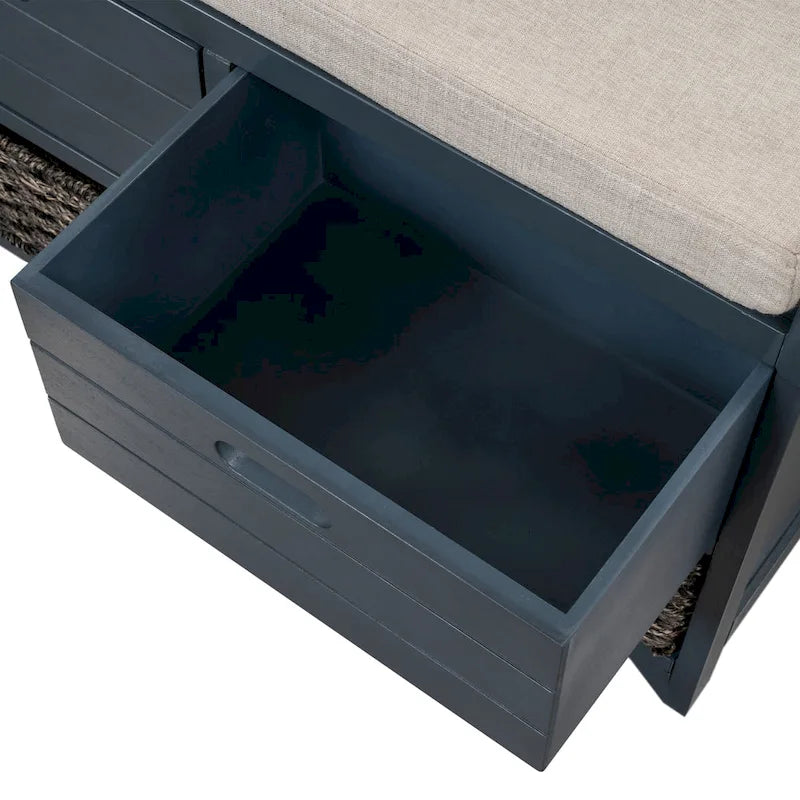 Espresso / Oak / White / Blue Cushioned Storage Bench with 2 Drawers & Basket – 1 Person