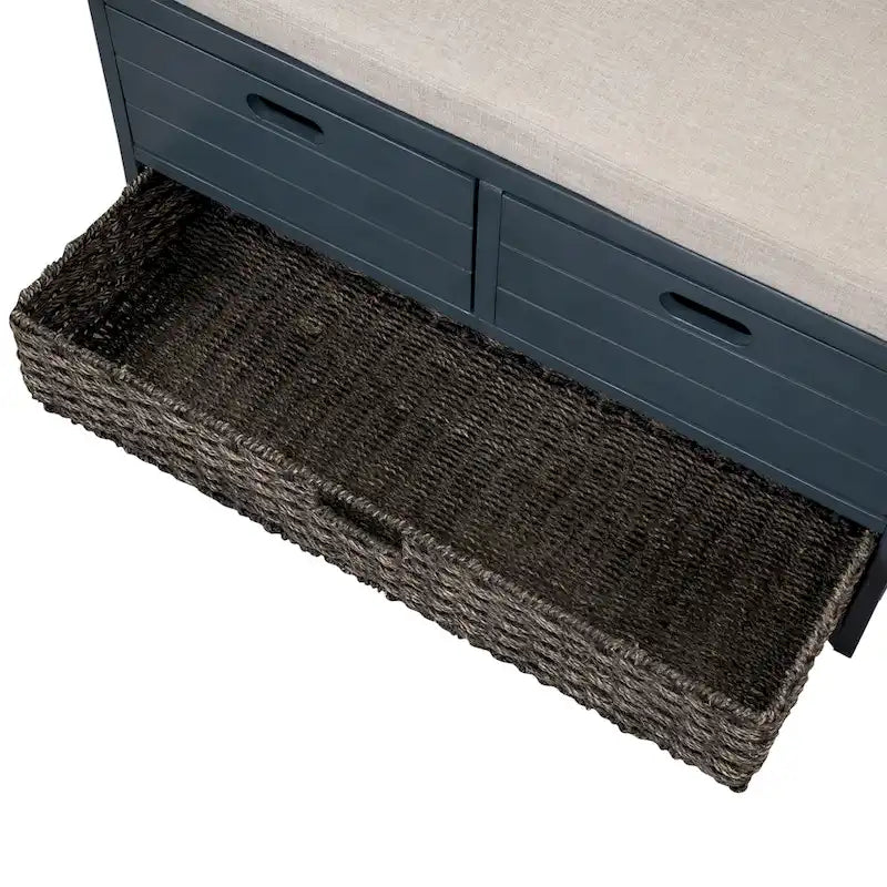 Espresso / Oak / White / Blue Cushioned Storage Bench with 2 Drawers & Basket – 1 Person