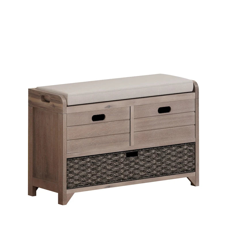 Espresso / Oak / White / Blue Cushioned Storage Bench with 2 Drawers & Basket – 1 Person