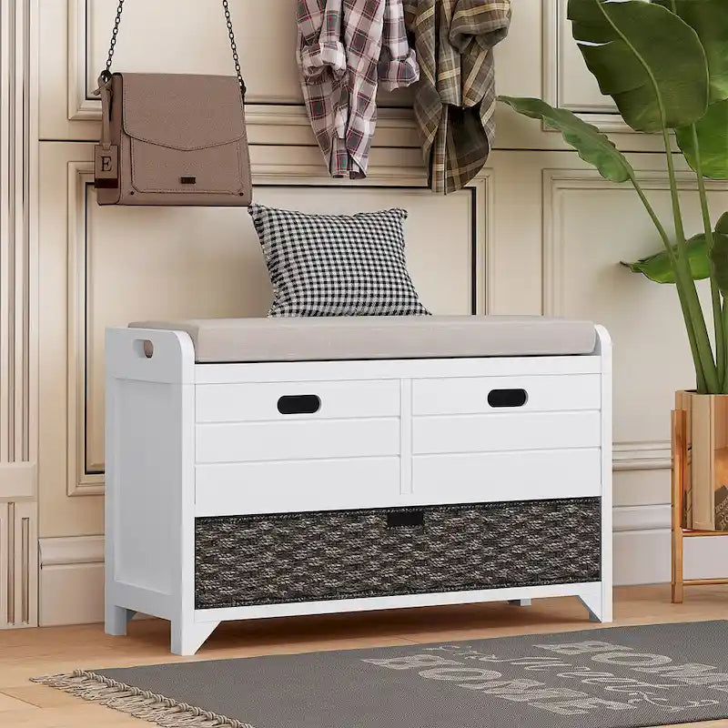 Espresso / Oak / White / Blue Cushioned Storage Bench with 2 Drawers & Basket – 1 Person