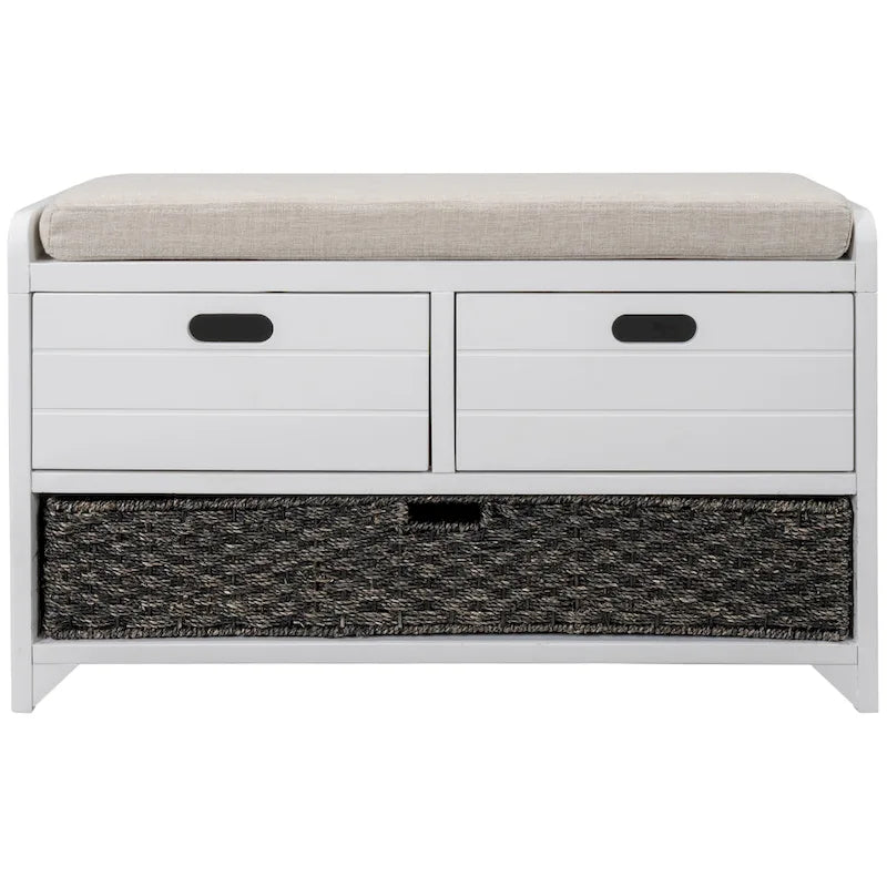 Espresso / Oak / White / Blue Cushioned Storage Bench with 2 Drawers & Basket – 1 Person