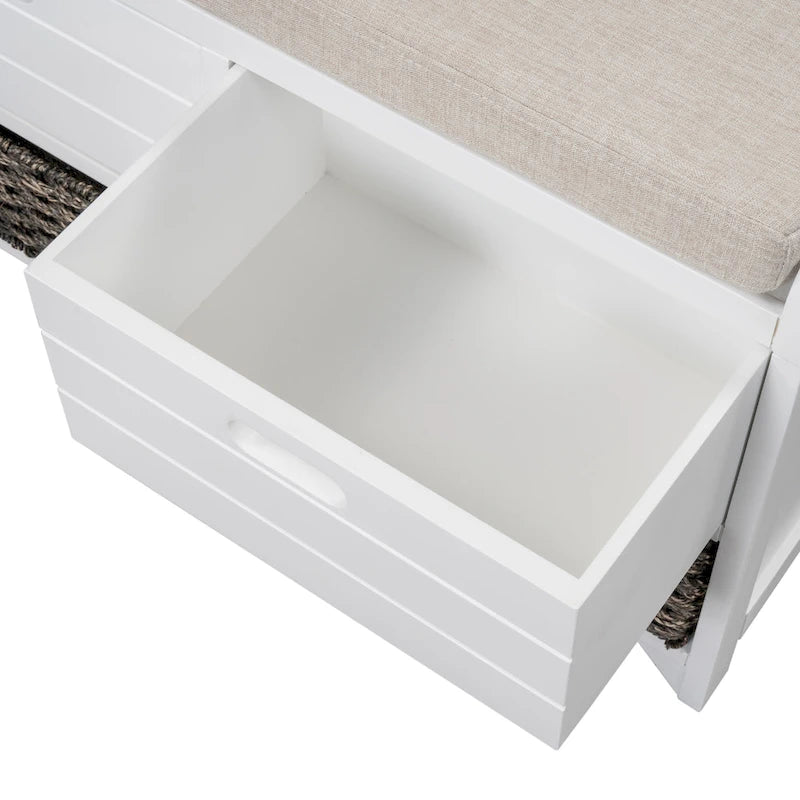 Espresso / Oak / White / Blue Cushioned Storage Bench with 2 Drawers & Basket – 1 Person