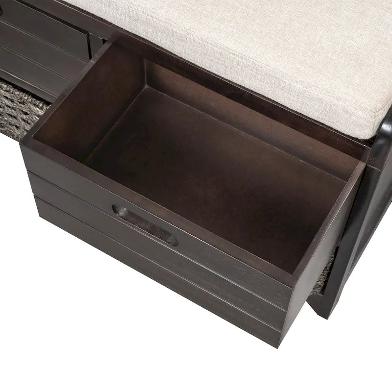 Espresso / Oak / White / Blue Cushioned Storage Bench with 2 Drawers & Basket – 1 Person
