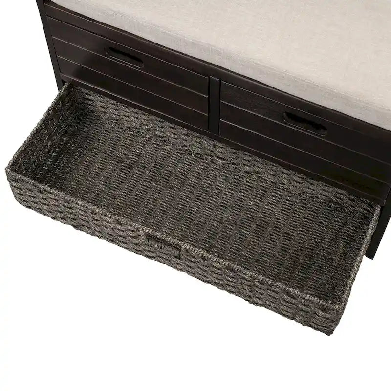 Espresso / Oak / White / Blue Cushioned Storage Bench with 2 Drawers & Basket – 1 Person