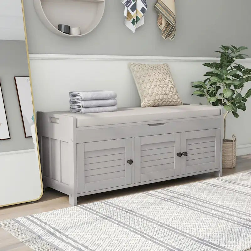 Rustic Shutter-Door Storage Bench – Grey Wash / Antique Navy / White / Espresso – Seats 2