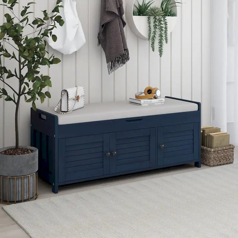 Rustic Shutter-Door Storage Bench – Grey Wash / Antique Navy / White / Espresso – Seats 2