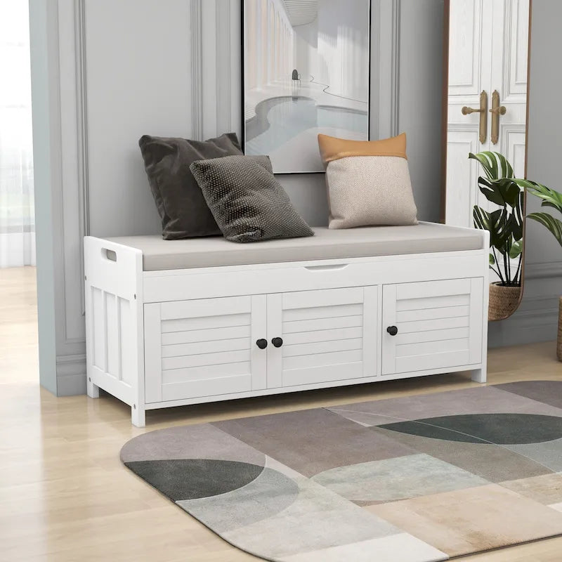 Rustic Shutter-Door Storage Bench – Grey Wash / Antique Navy / White / Espresso – Seats 2