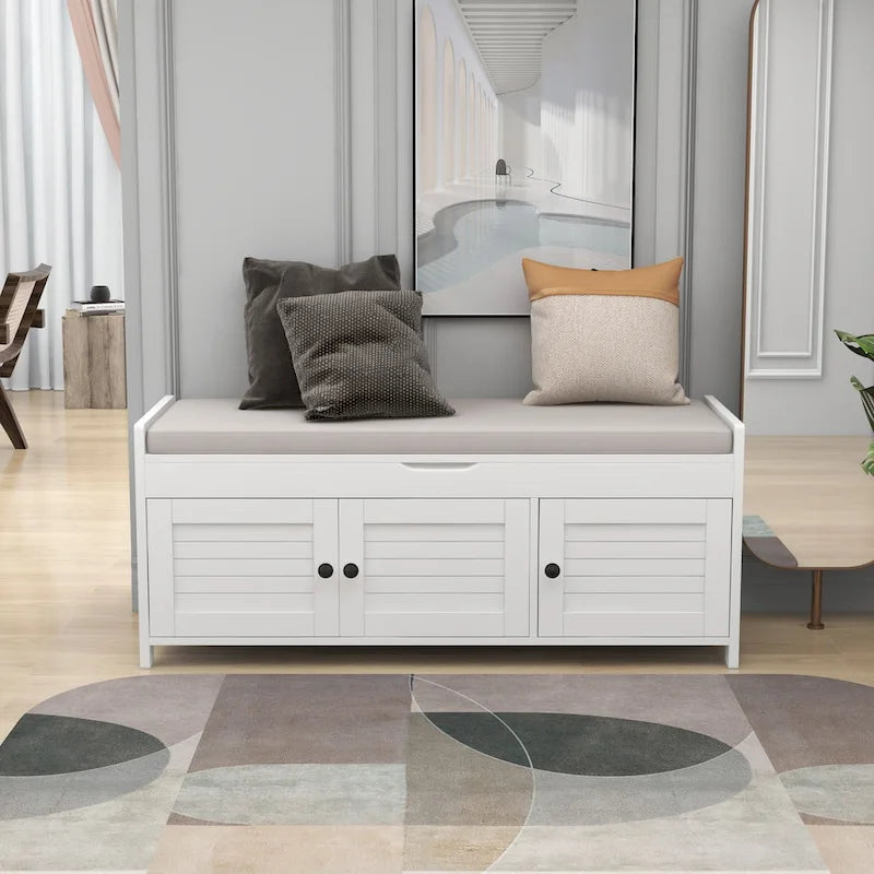 Rustic Shutter-Door Storage Bench – Grey Wash / Antique Navy / White / Espresso – Seats 2