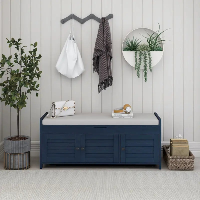 Rustic Shutter-Door Storage Bench – Grey Wash / Antique Navy / White / Espresso – Seats 2
