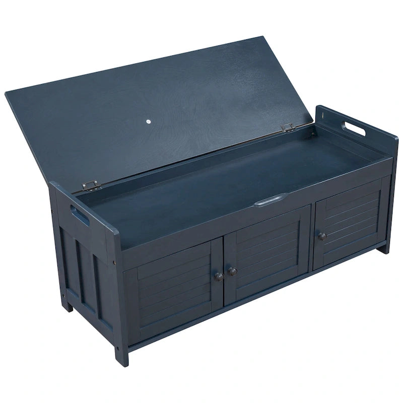 Rustic Shutter-Door Storage Bench – Grey Wash / Antique Navy / White / Espresso – Seats 2