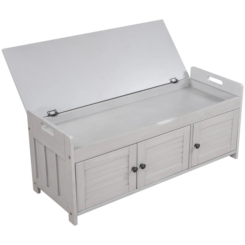 Rustic Shutter-Door Storage Bench – Grey Wash / Antique Navy / White / Espresso – Seats 2