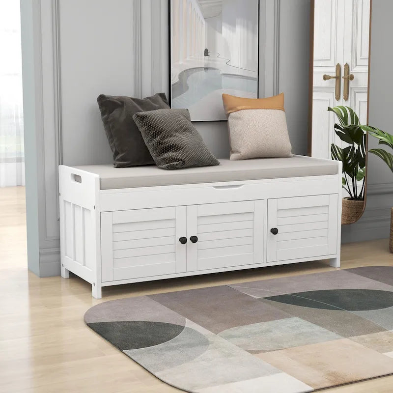 Rustic Shutter-Door Storage Bench – Grey Wash / Antique Navy / White / Espresso – Seats 2