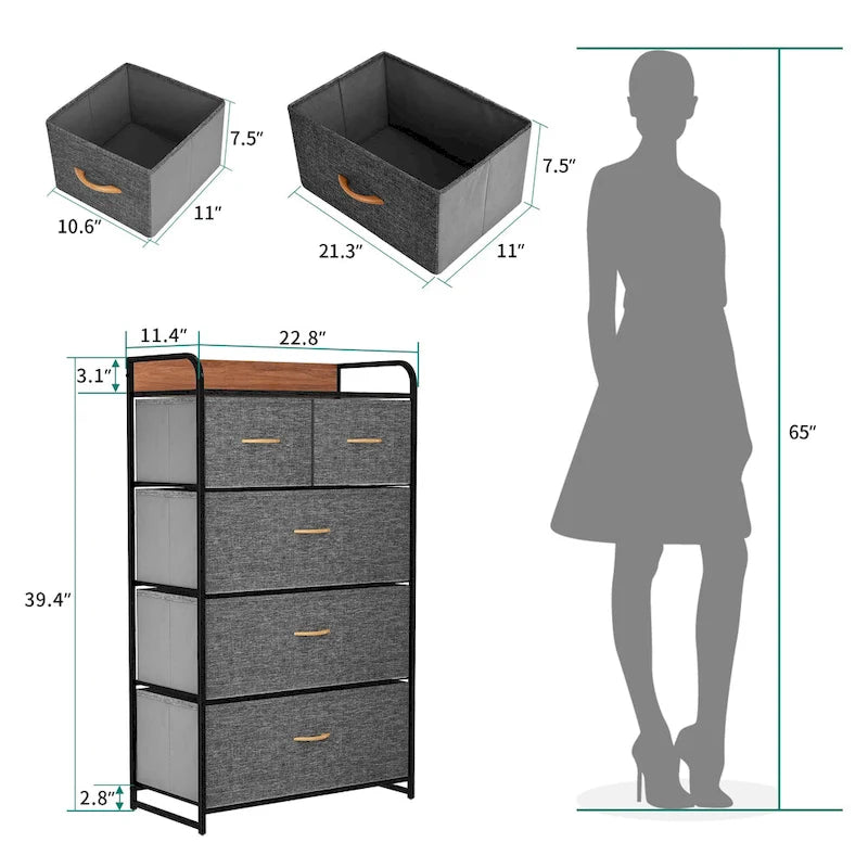 5-Drawer Fabric Dresser – Light Grey / Dark Grey / Cream / Black, Fits 1