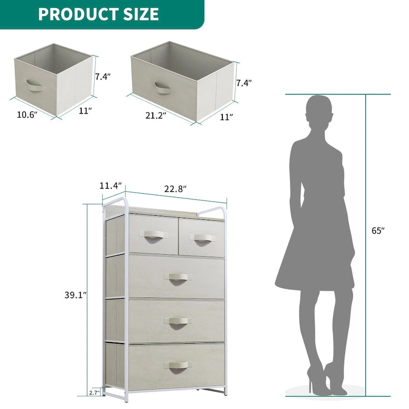 Cassettiera in tessuto a 5 cassetti – Grigio chiaro / Grigio scuro / Crema / Nero, misura 1