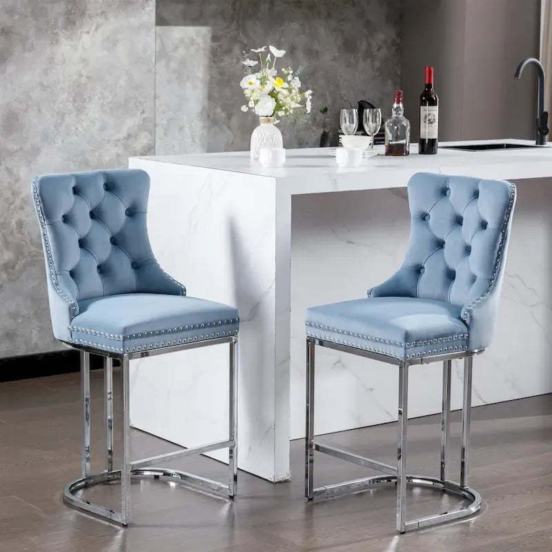 Velvet High-Back Counter Stool, Set of 2 – Light Blue / Beige / Grey